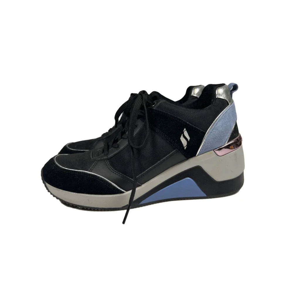 Skechers Women's Black/Blue Street Million High N' Fly Wedge Sneakers - 8